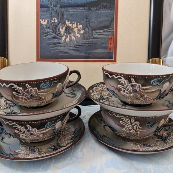 COPY - Amazing Detailed Vtg. Moriage Dragonware Porcelain Teacup/ Saucer 3 Sets… - Picture 6 of 14